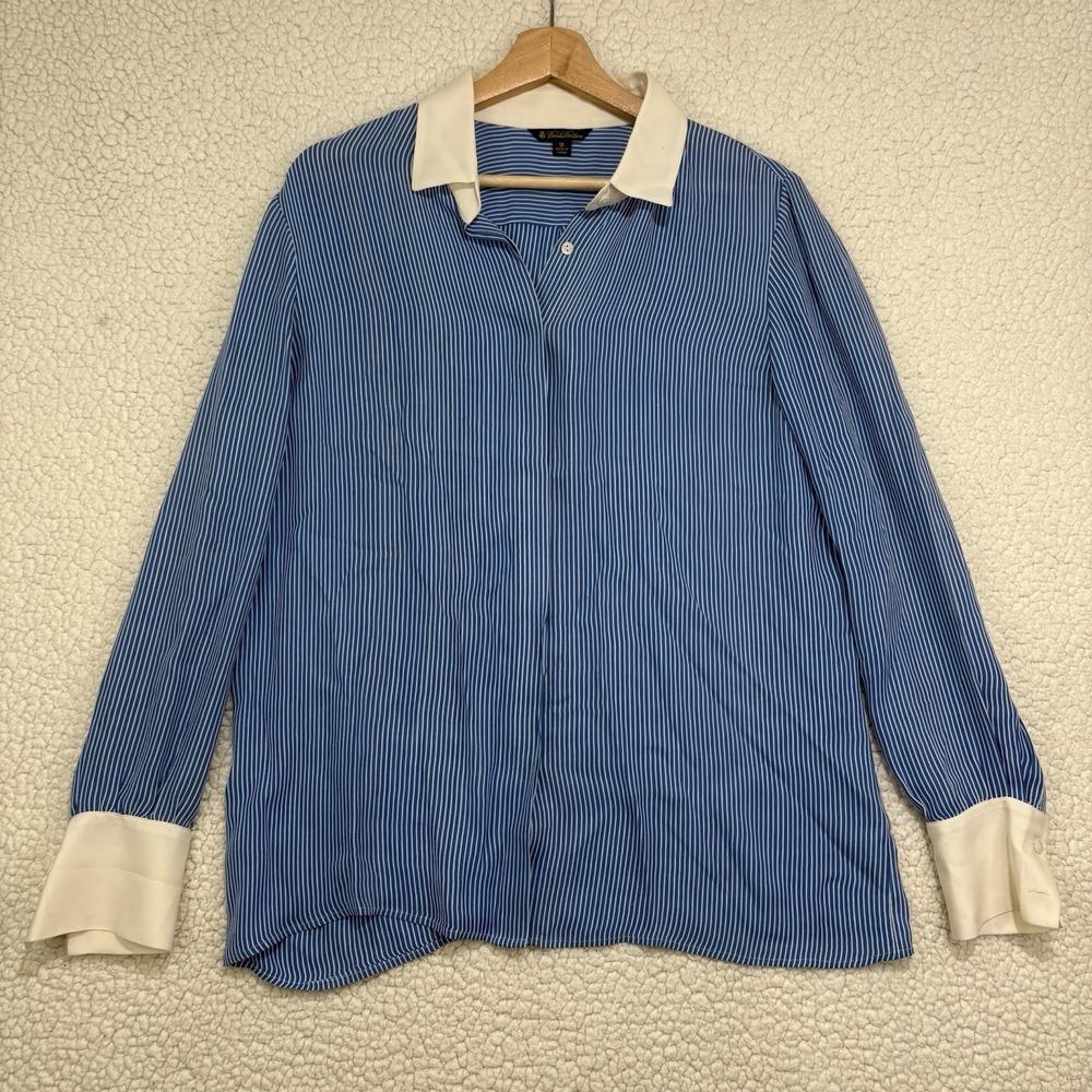 Brooks Brothers Womens 100% Silk Blouse Top Size 12 Blue White Stripe Old‎ Money